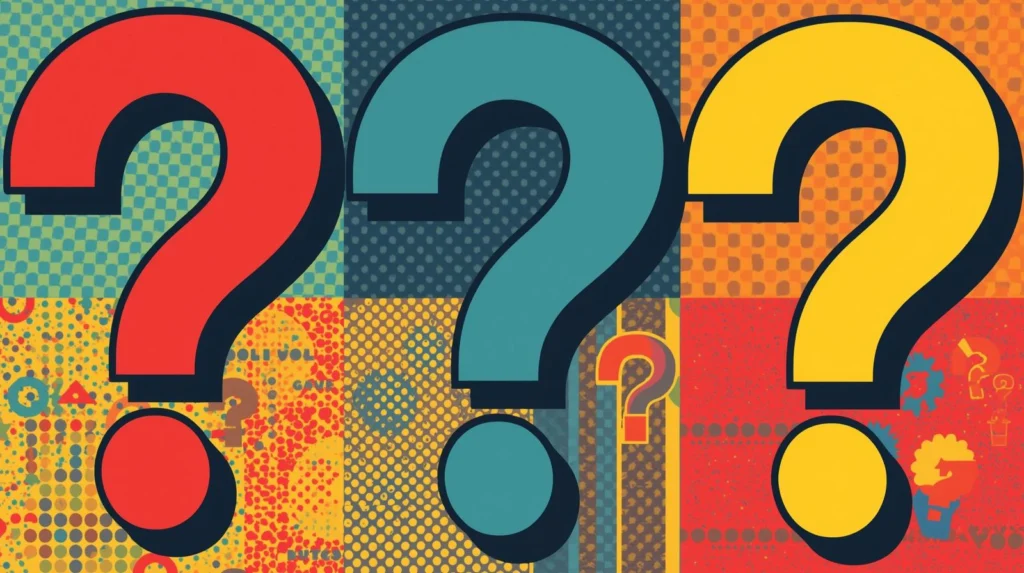 Colorful question marks on vibrant backgrounds evoke curiosity and exploration.