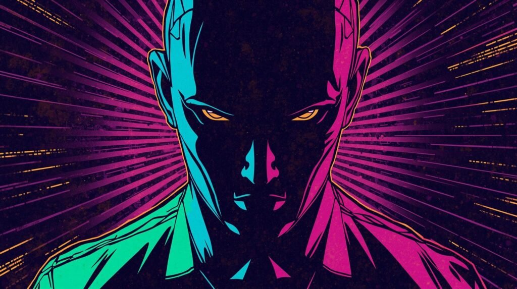 Vibrant split-color portrait of a determined man, featuring cyan and magenta hues.