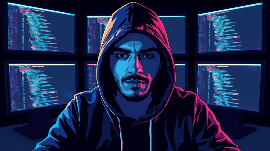 Home Ethical Hacking Lab Mistakes: 9 Critical Errors Beginners Make 🧪 6 Cybersecurity hacker in neon-lit room with code-filled monitors.