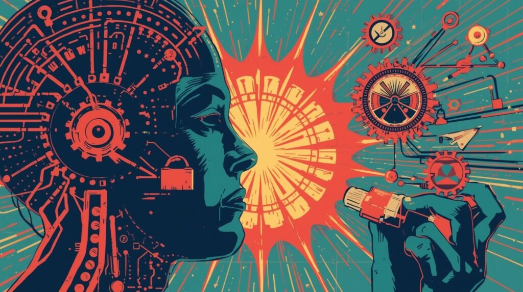 Futuristic human-machine integration with circuits, gears, and innovation burst.