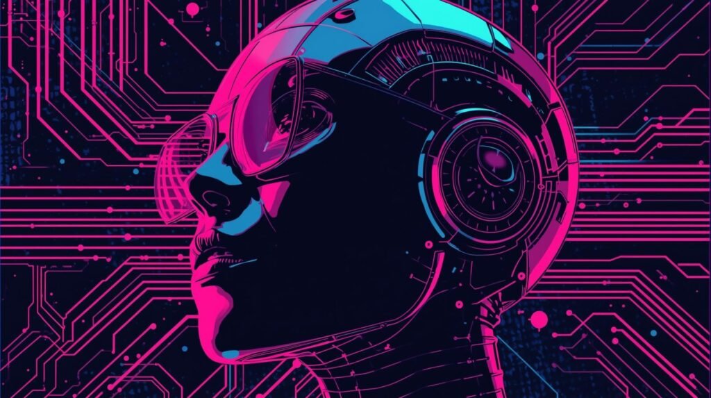 Futuristic cybernetic humanoid with neon colors, showcasing advanced technology integration.