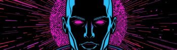 Futuristic neon cyberpunk figure with faceless head, vibrant pink eyes, and digital aura.