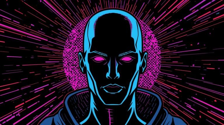 How AI Is Used on the Dark Web (Beyond Scams) 🕸️ 5 Futuristic neon cyberpunk figure with faceless head, vibrant pink eyes, and digital aura.