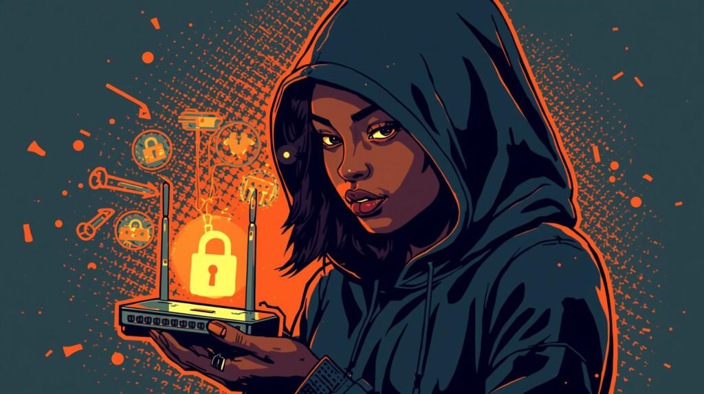 Best VPN Routers for Ethical Hacking Labs: Complete Guide 4 Hacker holding router, padlock icon glowing, cybersecurity theme with dark hoodie and symbols.