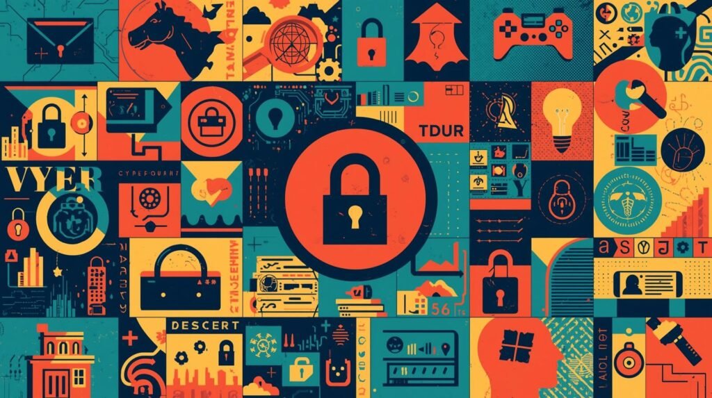 Collage of cybersecurity symbols: padlocks, encryption, digital surveillance, tech innovation, and data charts.