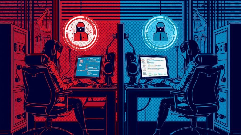 Red Team vs Blue Team Lab Setup at Home 🛡️ 4 Cybersecurity battle: red vs. blue environments, digital duality, hackers, strategy.