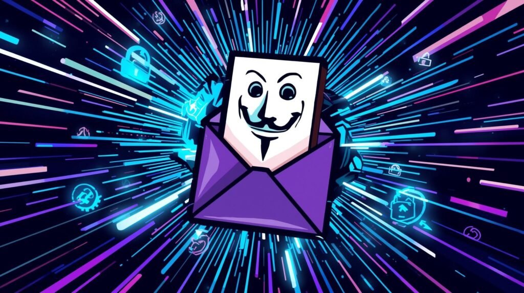 Anonymous Email from the Dark Web: What Actually Works (And What Fails)🔐 4 Cybersecurity illustration: a purple envelope, Guy Fawkes mask, digital icons, vibrant streaks.
