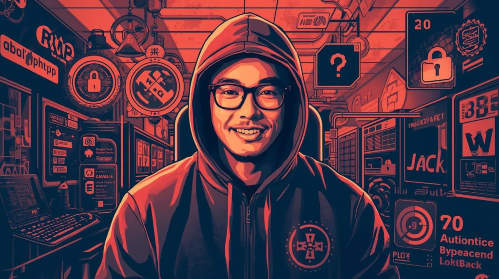 Person in hoodie with tech background, emphasizing cybersecurity and innovation themes.