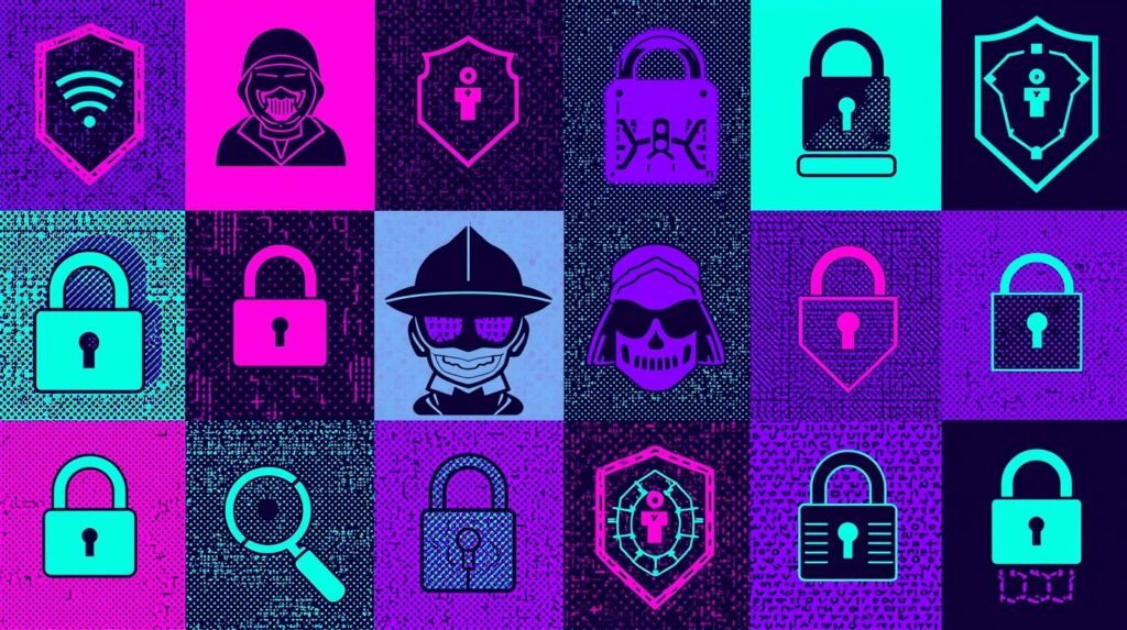 Kali Purple vs Kali Linux vs Parrot OS: What’s the Real Difference? 🧪 5 Cybersecurity icon collage featuring padlocks, shields, and masked hackers in vibrant digital colors.