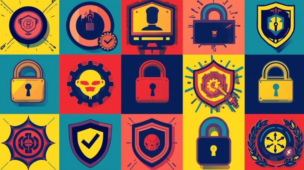 Colorful grid showcasing security and technology icons: shields, locks, gears, cybersecurity symbols.