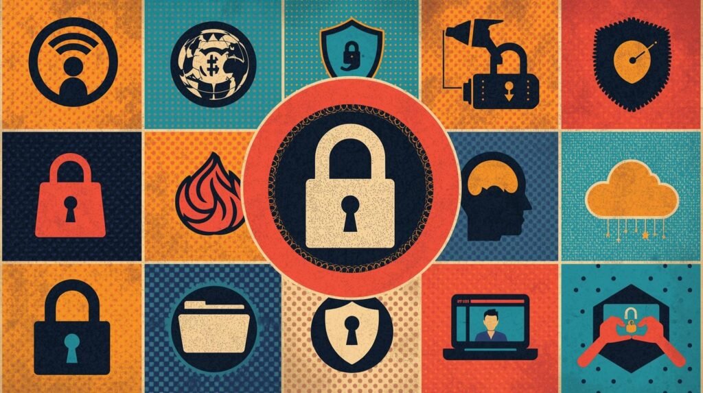 Retro digital security icons collage with padlock, shield, cloud, globe, and technology motifs.