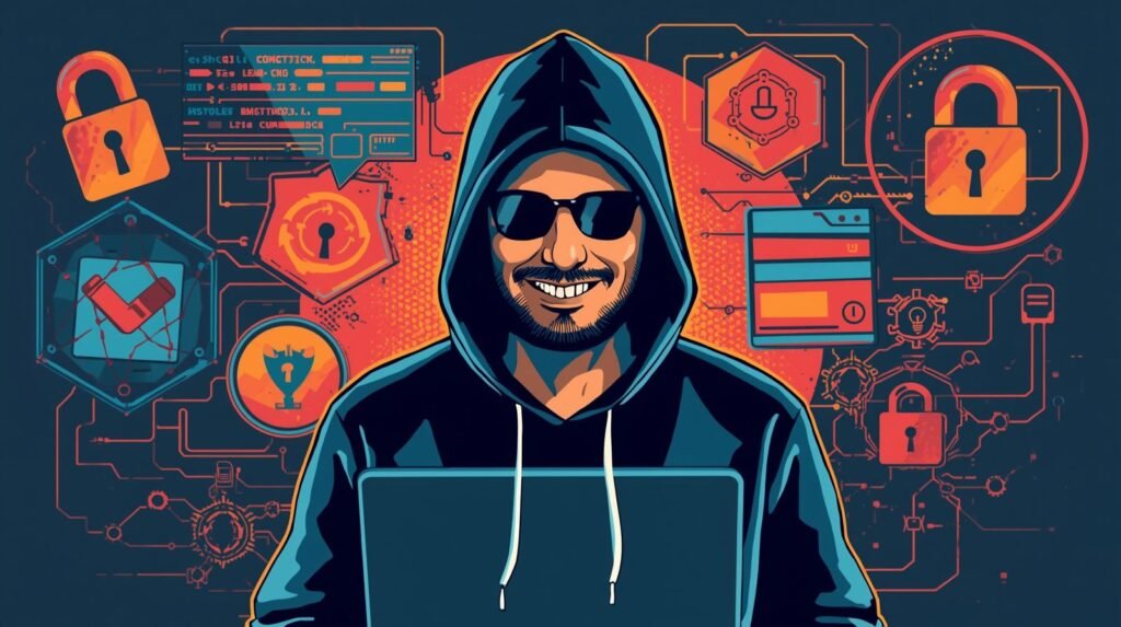 Secure Ethical Hacking Lab Architecture: How I Built 7 Defensive Layers After 100+ Posts 🧠 8 Hacker in hoodie with laptop amidst digital security symbols and code.