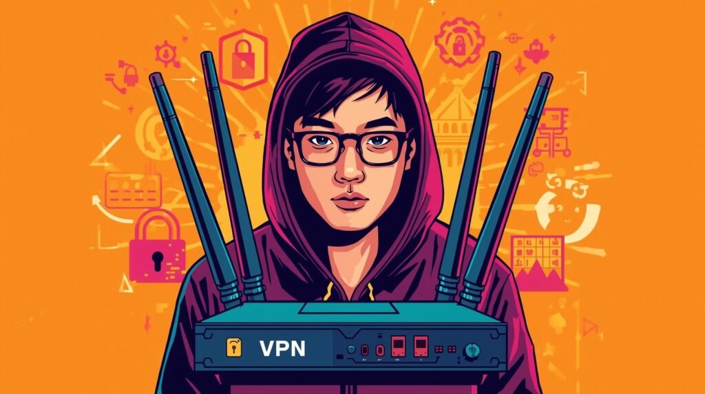 Best VPN Routers for Ethical Hacking Labs: Complete Guide 3 Illustration of a person with VPN router, representing cybersecurity and internet privacy.