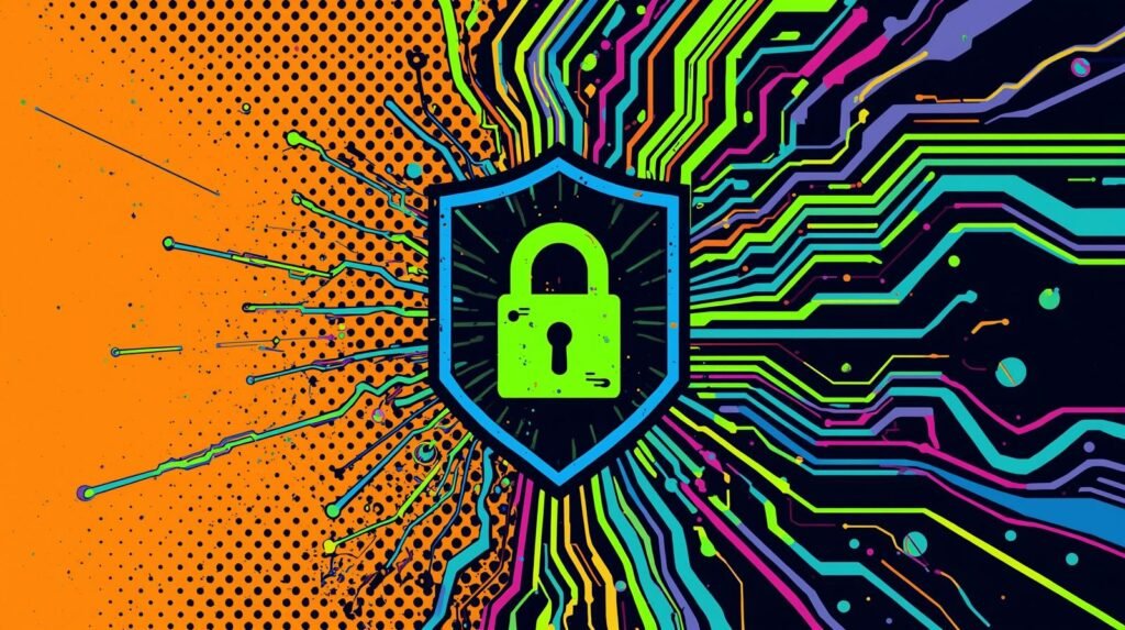 Cybersecurity shield with a padlock, circuit patterns, and vibrant pop-art background.