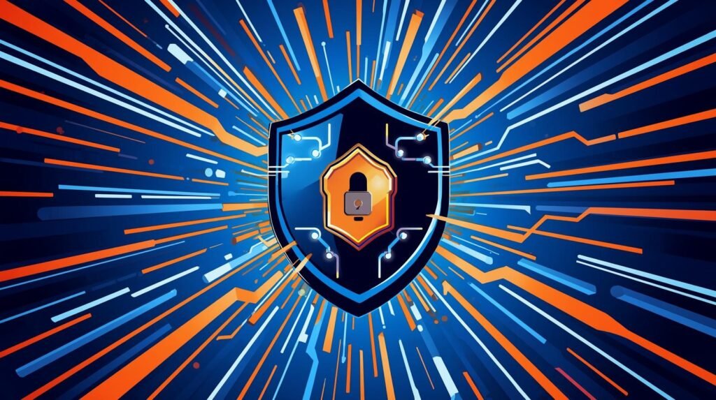 Cybersecurity shield illustration featuring a lock and digital data streams in blue and orange.