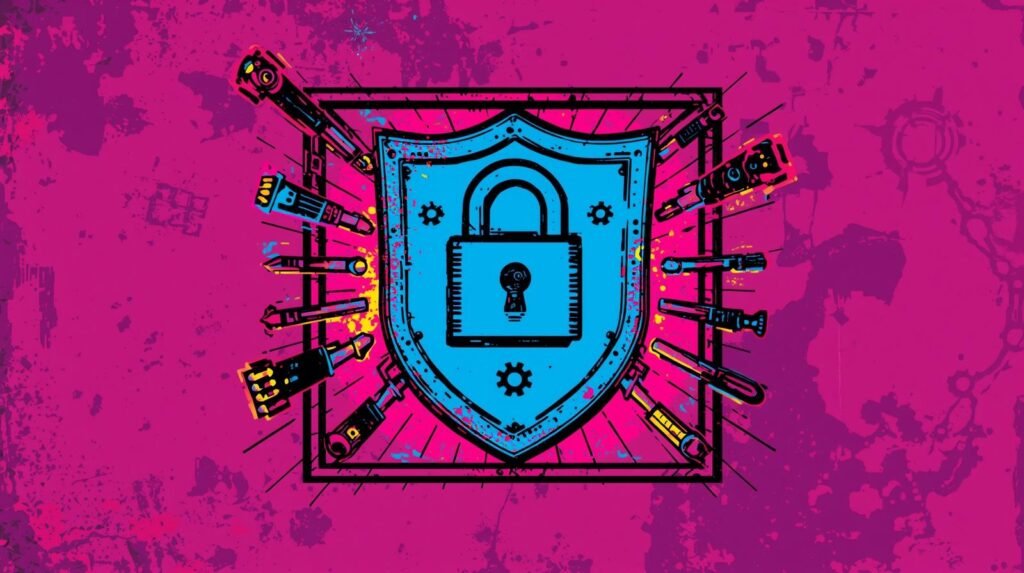 Cybersecurity artwork featuring a blue shield and padlock on a vibrant pink background.