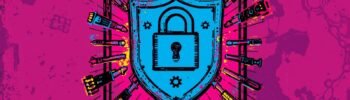 Cybersecurity artwork featuring a blue shield and padlock on a vibrant pink background.