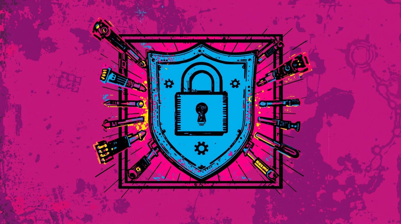 Cybersecurity artwork featuring a blue shield and padlock on a vibrant pink background.