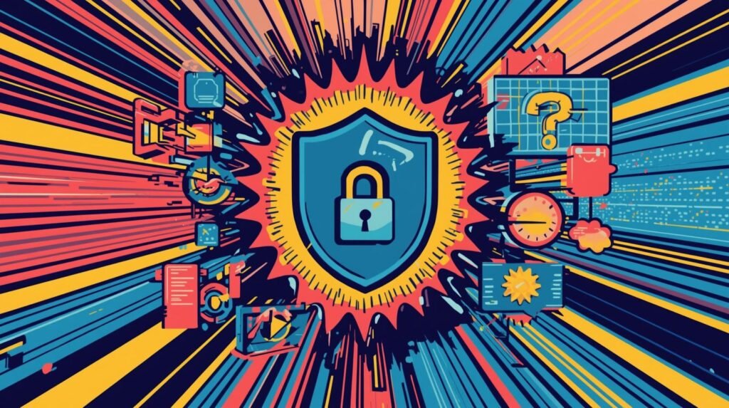 Cybersecurity shield illustration with lock symbol, colorful dynamic streaks, and tech icons.