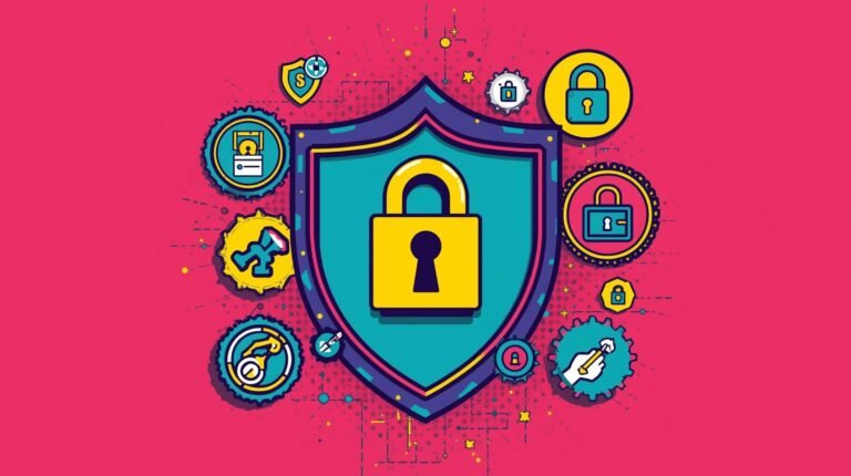 Vibrant digital shield with lock symbol, representing cybersecurity and protection.