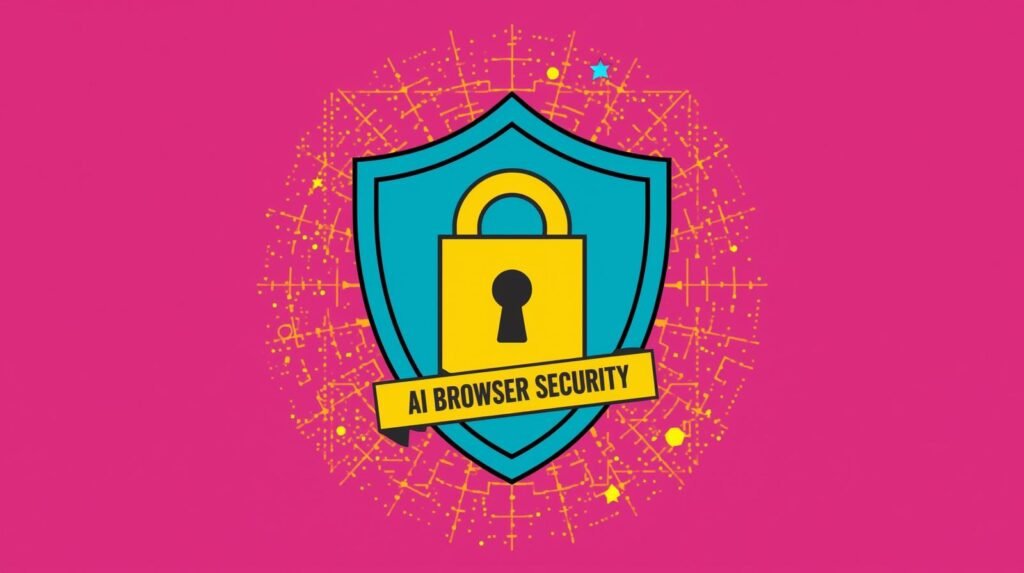 AI-powered security shield with padlock, circuit network, and AI Browser Security banner.