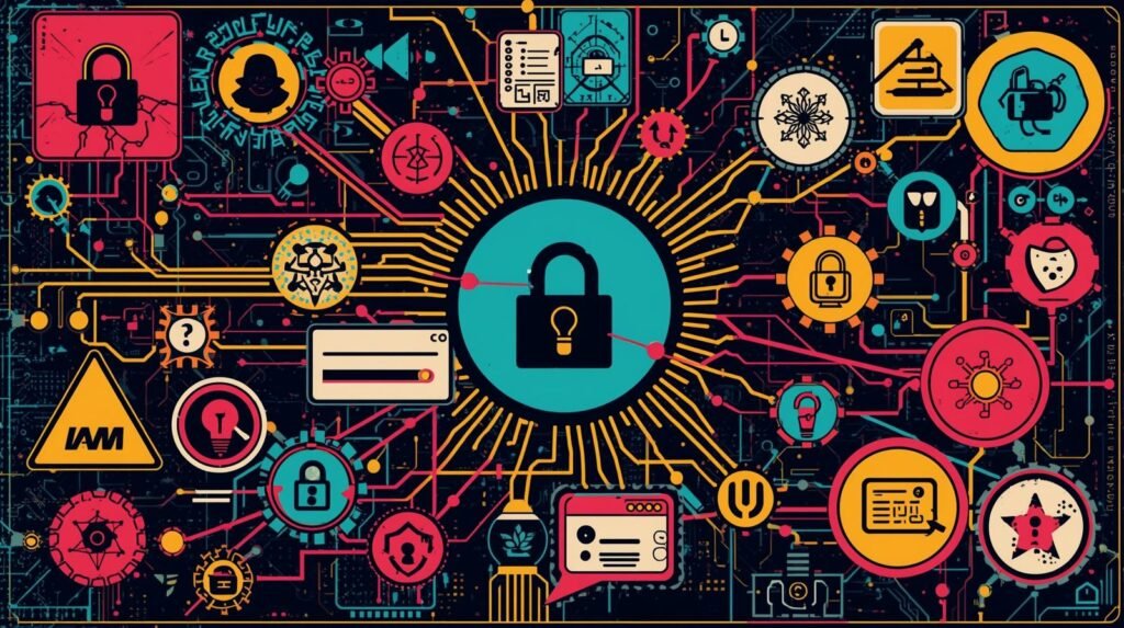 Zero Trust Architecture and IAM for Freelancers and Ethical Hacking Labs🧩 4 Cybersecurity network illustration featuring padlock, data icons, and digital protection symbols.