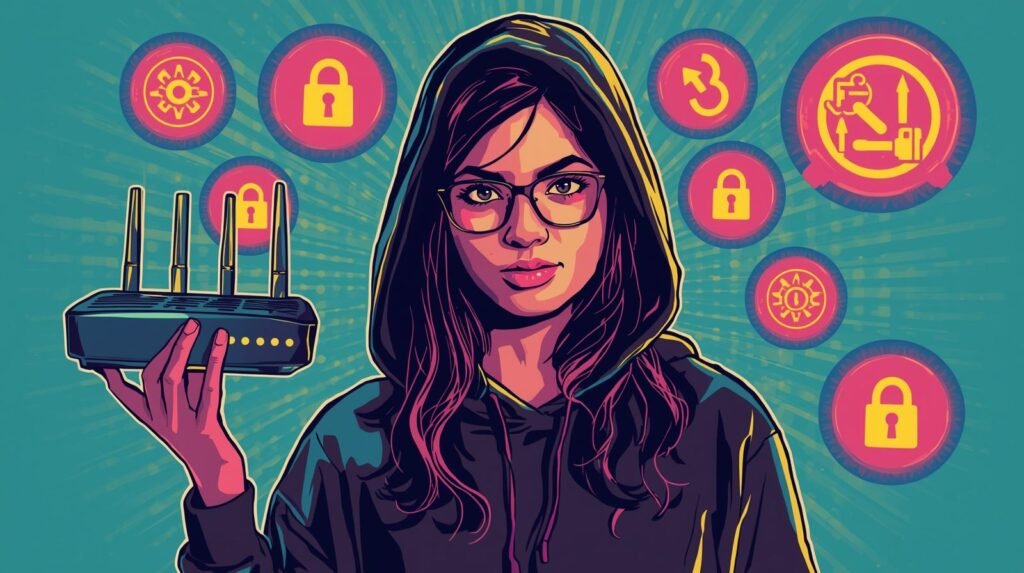 Best VPN Routers for Ethical Hacking Labs: Complete Guide 5 Woman in hoodie holding router, symbolizing cybersecurity, technology, and digital empowerment.