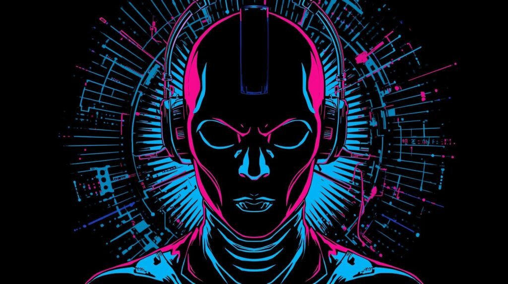 Futuristic robotic figure glowing with neon lights in a cyberpunk digital design.