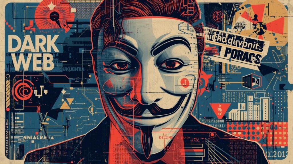 Guy Fawkes mask illustration exploring dark web with digital symbols and abstract design.