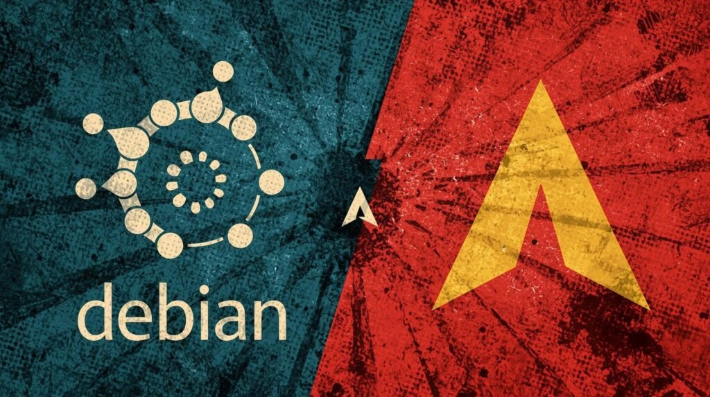 Debian vs Arch for Security Labs: Stability Tradeoffs Explained 🧩 4 Debian vs Arch logos on contrasting teal and red backgrounds with textured designs.