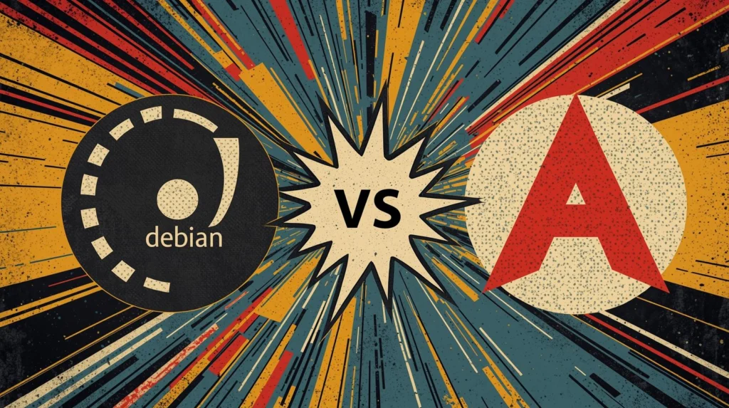 Debian vs Arch Linux comic-style logo showdown.