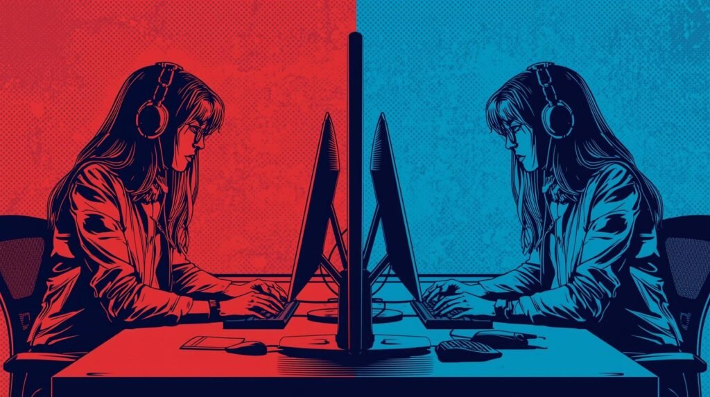 Red Team vs Blue Team Lab Setup at Home 🛡️ 3 Mirror symmetry of two women working on computers, red and blue contrast, tech-focused scene.