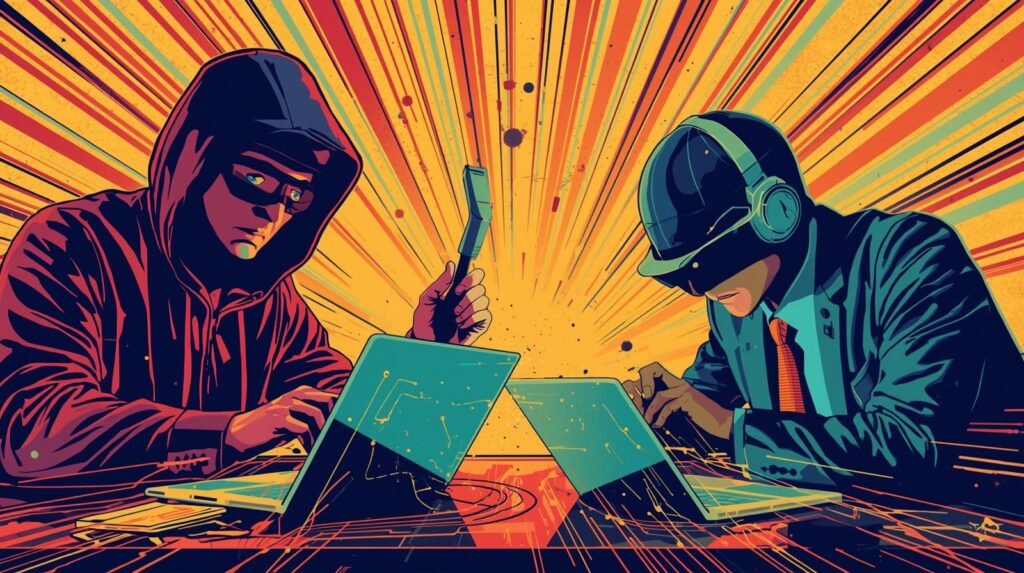 Cyber duel: a hacker vs. cybersecurity expert in a vivid digital face-off.