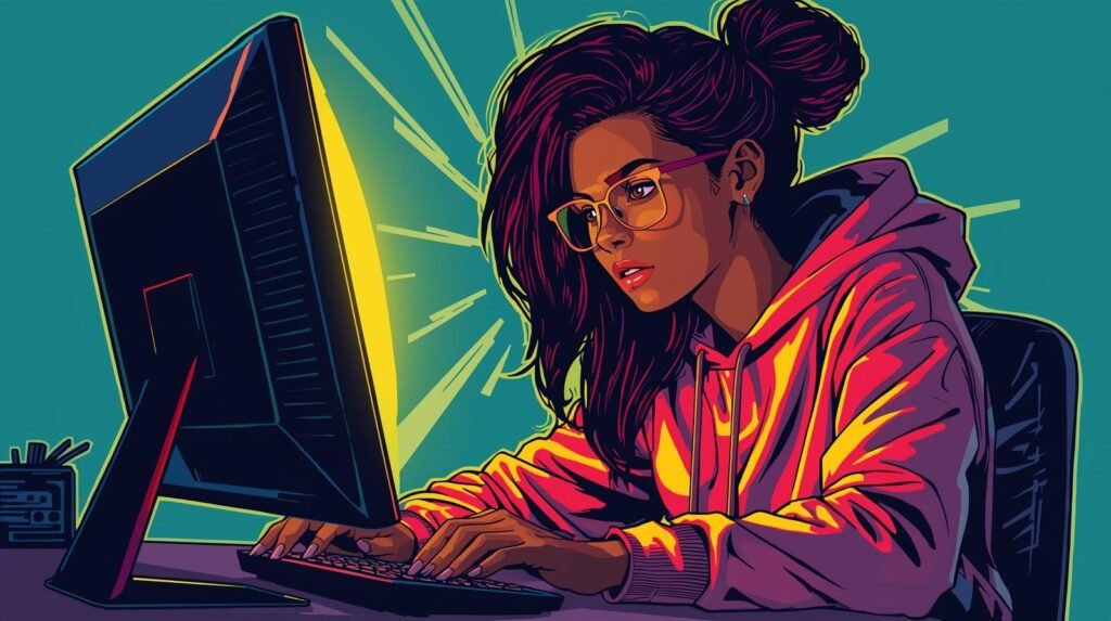 Focused person working on computer, wearing glasses and hoodie, in vibrant digital illustration.