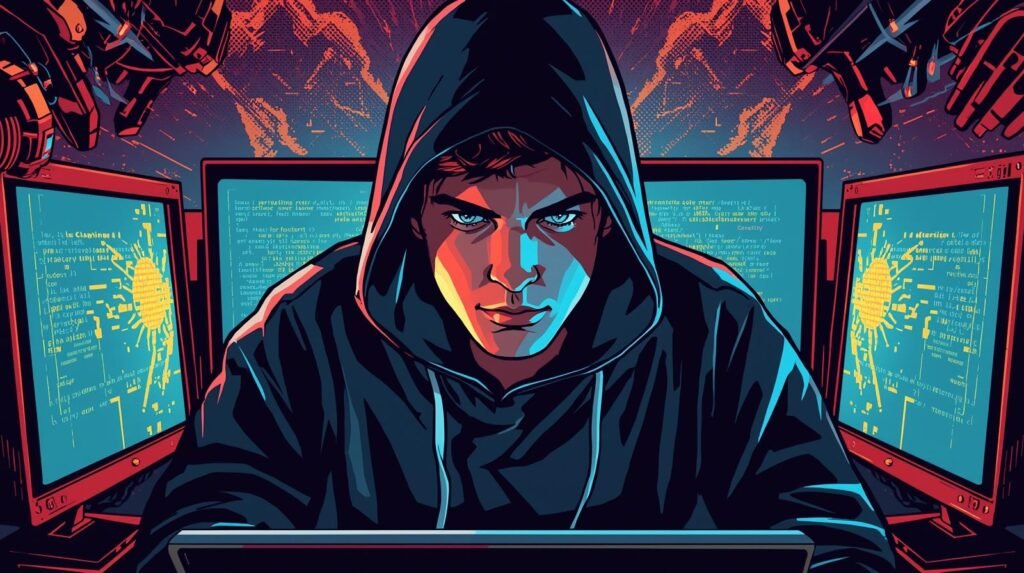 Home Ethical Hacking Lab Mistakes: 9 Critical Errors Beginners Make 🧪 4 Hacker focused on coding at high-tech workstation with monitors and mechanical arms.