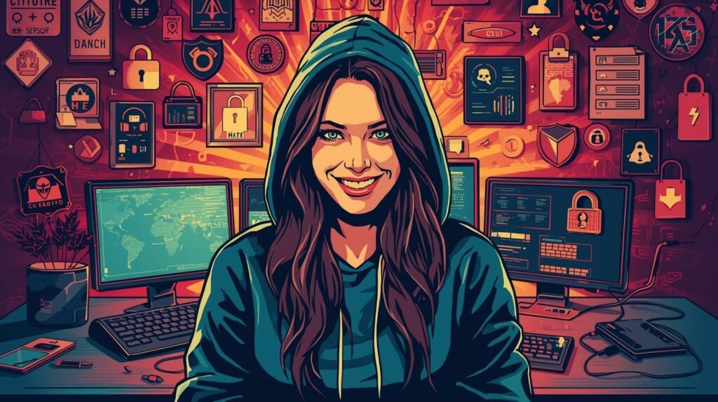 Secure Ethical Hacking Lab Architecture: How I Built 7 Defensive Layers After 100+ Posts 🧠 5 Confident woman in hoodie surrounded by cybersecurity symbols, computers, and digital data.