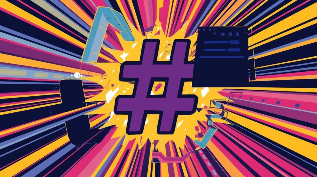 Vibrant digital hashtag with colorful abstract lines and technological elements in motion.