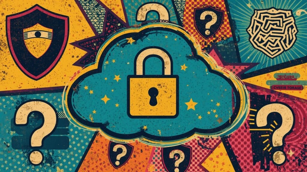Secure Cloud Storage Explained: How to Protect Data the Right Way 🧊 7 Vintage comic-style cloud security art with padlock, stars, and cryptographic motifs.