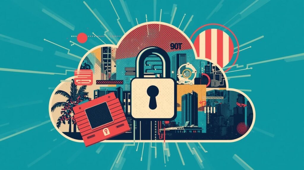 Secure Cloud Storage Explained: How to Protect Data the Right Way 🧊 4 Digital security concept with padlock, cloud, urban elements, and retro technology.
