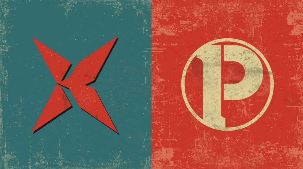 Vintage graphic design: teal and red split with distressed textures and bold emblems.