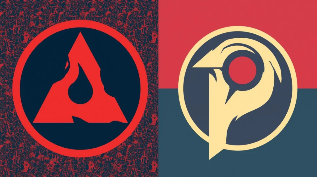 Dual emblems depicting contrasting themes of fire and balance in red and yellow.