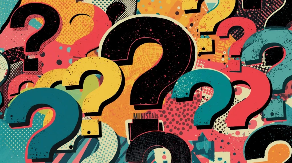 Vibrant overlapping question marks in bold colors, creating an energetic Pop Art-inspired composition.