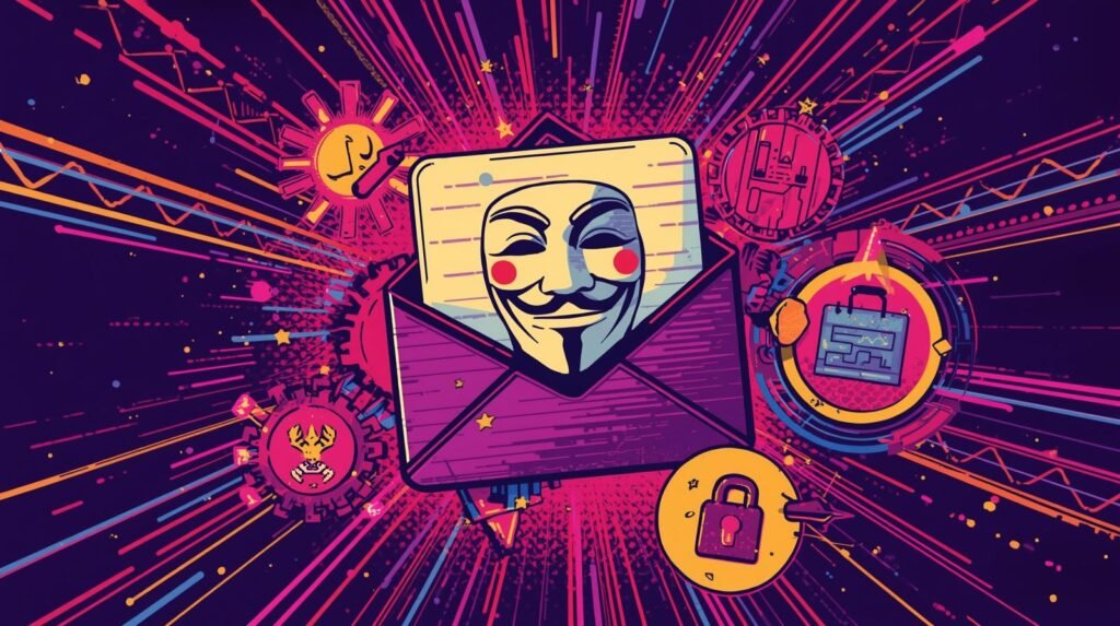 Anonymous Email from the Dark Web: What Actually Works (And What Fails)🔐 5 Cyber-themed illustration with a violet envelope, iconic mask, technology symbols, and vibrant colors.