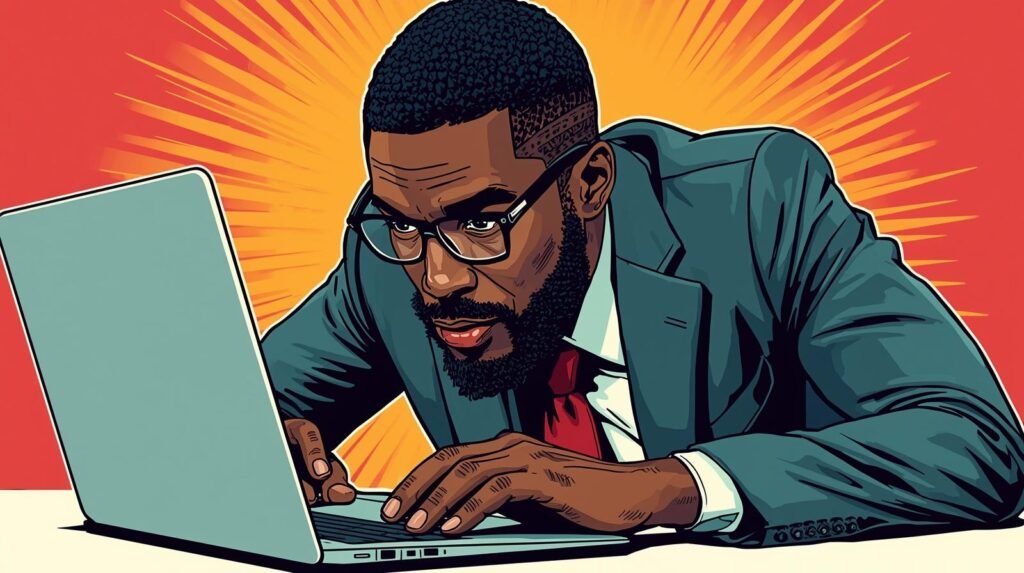 Businessman focused on laptop with dynamic red background, symbolizing productivity and determination.