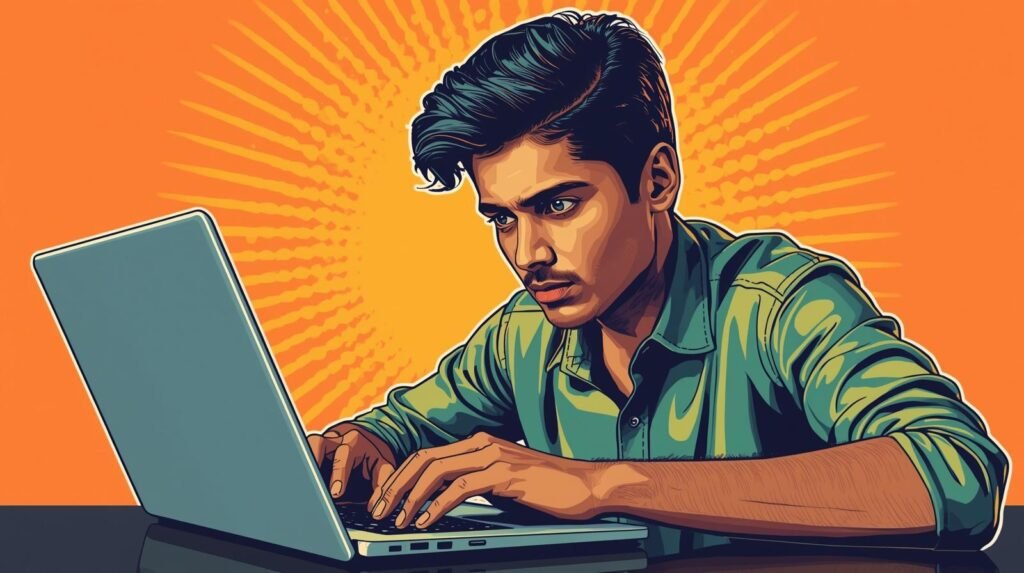 Young man intensely focused on laptop, highlighting concentration, technology, and determination.