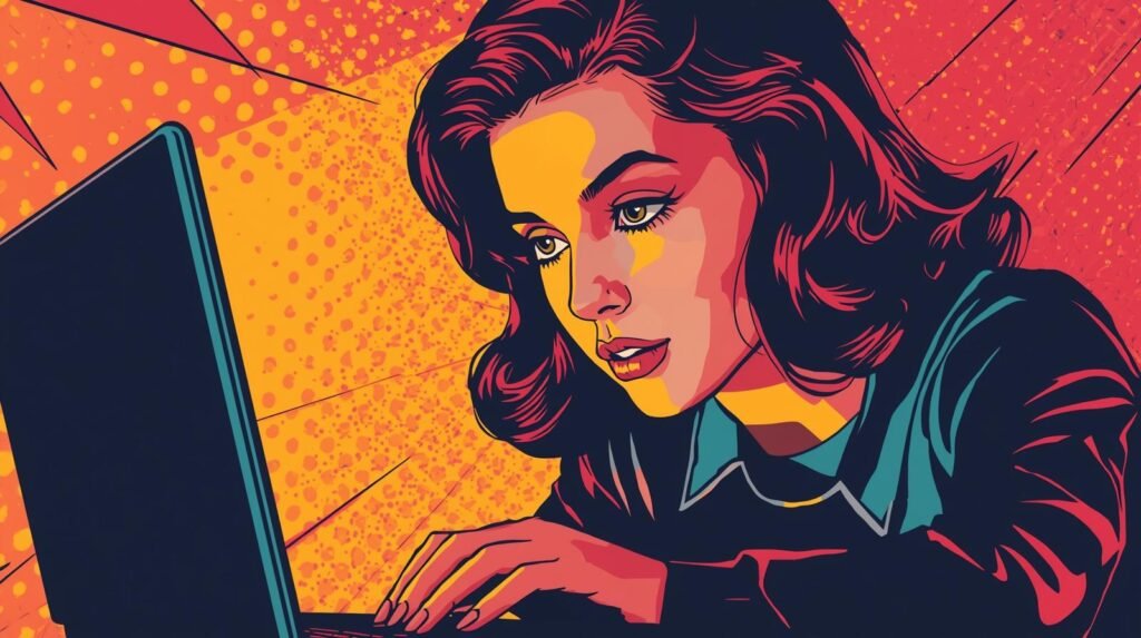 Pop art woman focused on laptop in vibrant colors, blending technology and creativity.