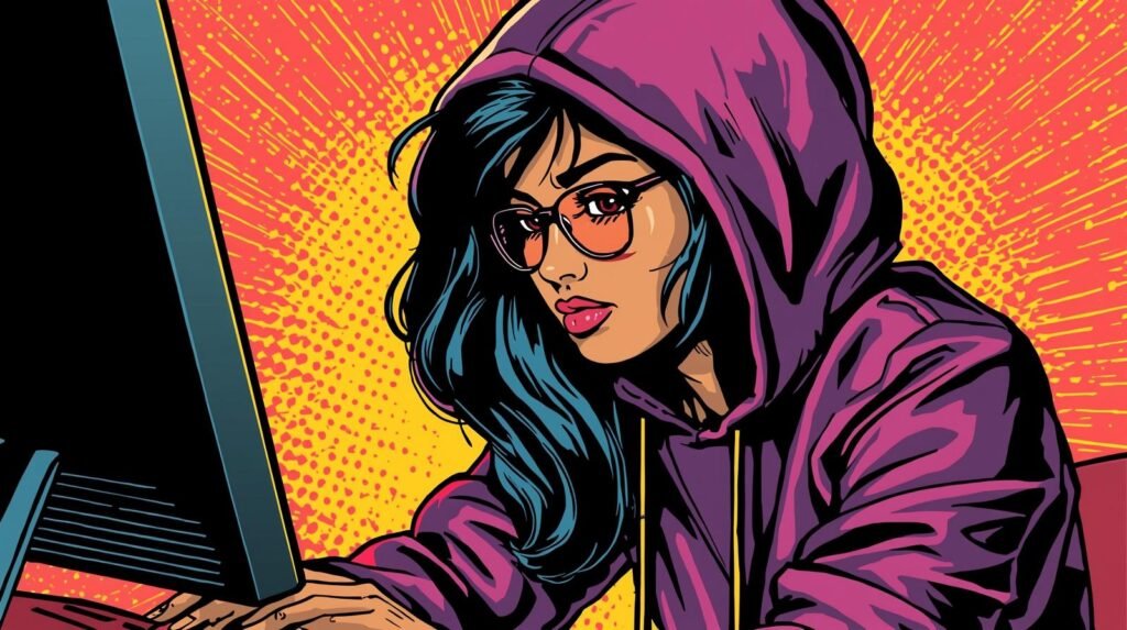 Pop art illustration of a person in a purple hoodie focused on a computer screen.