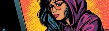 Pop art illustration of a person in a purple hoodie focused on a computer screen.