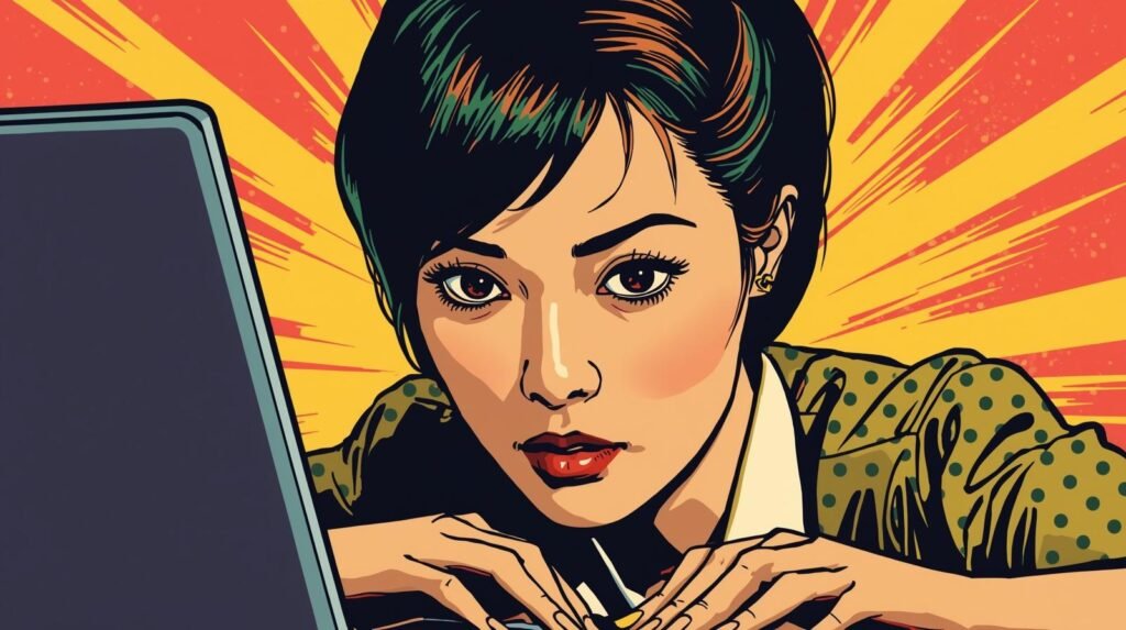 Pop art illustration of focused woman typing on a laptop, bright retro colors enhance intensity.