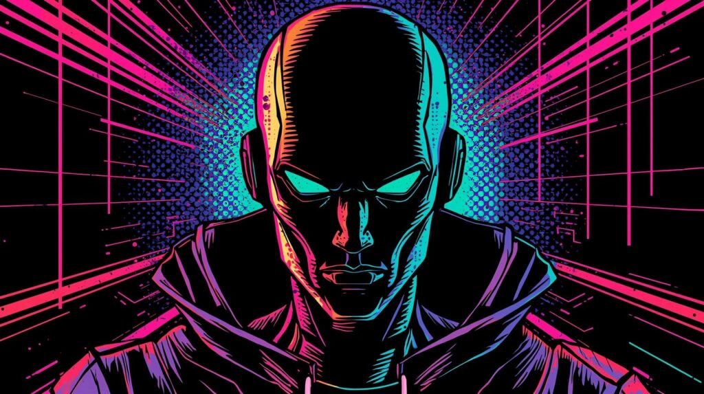 Mysterious humanoid figure with glowing eyes, vibrant cyberpunk colors, and high-tech attire.